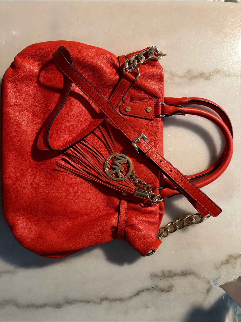 Michael Kors Orange Leather Shoulder Satchel with Tassel and Gold Hardware